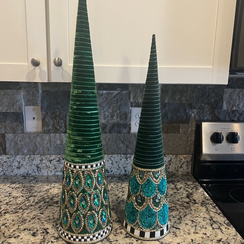 Mackenzie-Childs Emerald Luxe LARGE AND MEDIUM Beaded Cone Trees. New in Box.